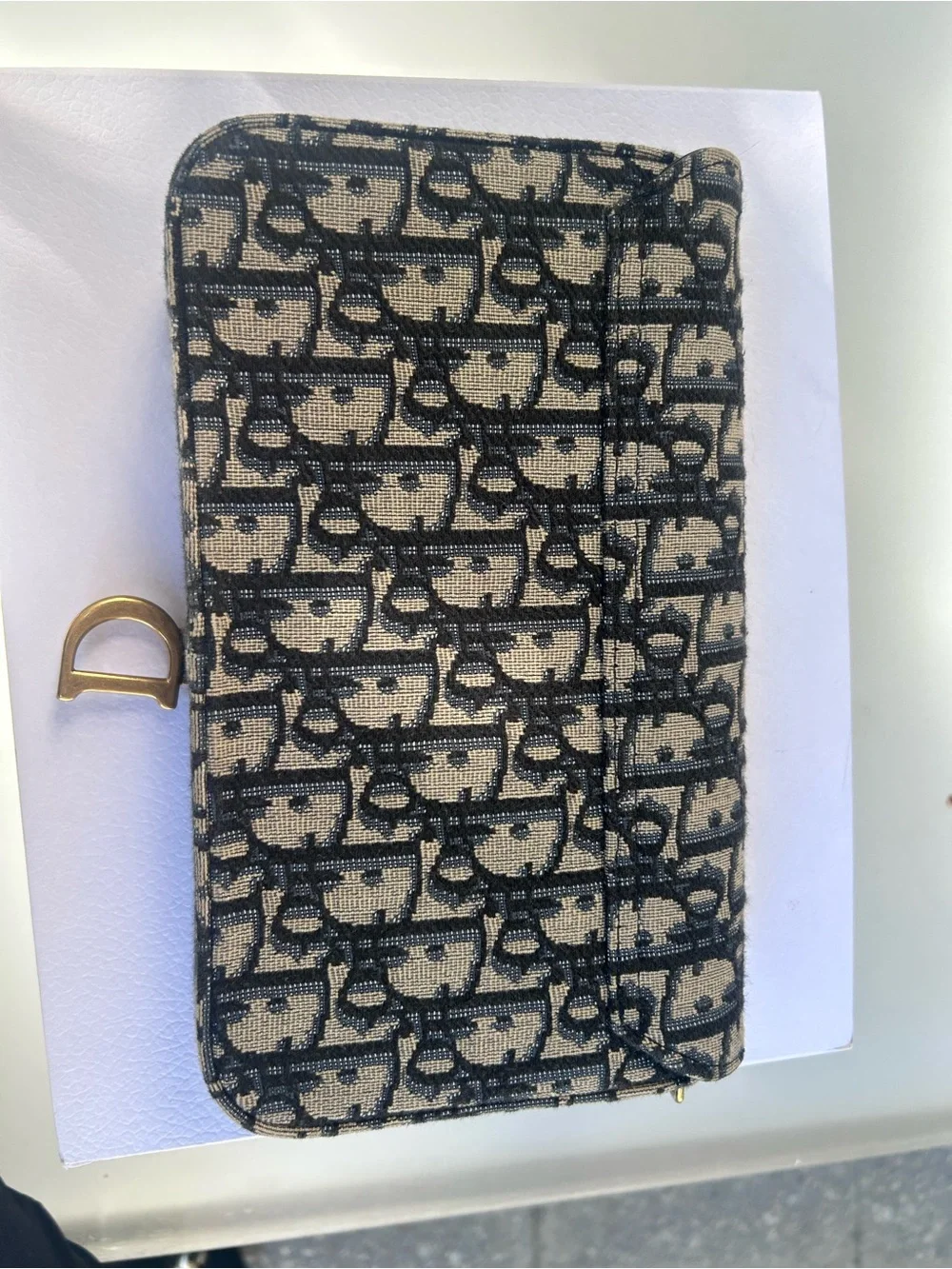Dior Blue Navy Monogram Canvas Phone Wallet with Gold D-Ring